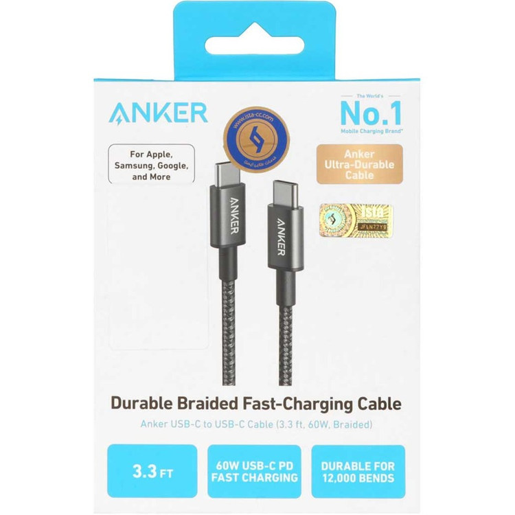 کابل تبدیل USB-C به USB-C انکر مدل Nylon A8752 طول یک متر اورجینال گارانتی 18 ماهه ایستا